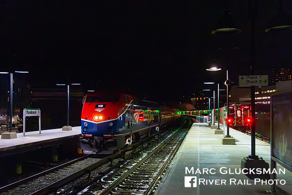 Amtrak 64 AMTK 108, MNR Holiday Lights Train, Yonkers, New York