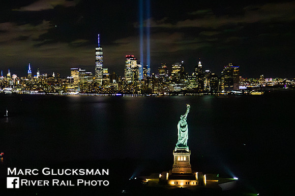 911 Tribute In Light, Freedom Tower and Statue Of Liberty, New York