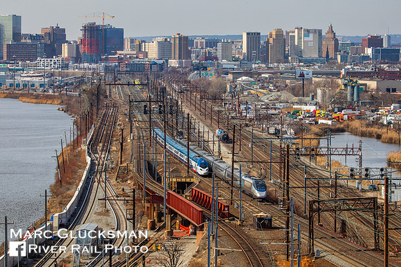 Amtrak 846 AMTK/Alstom 2104 2141 TS18 Amtrak 2155 AMTK 2023 2025 TS14, Sawtooth Bridge, Kearny, NJ