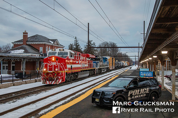 CSX 911 and 3194 Spirit Units with Police Car, West Trenton, New Jersey