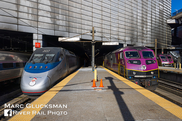 Amtrak Santa Acela AMTK 2037 & MBTX 2024, South Station, Boston, Massachusetts