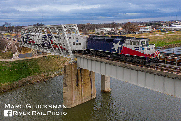 Trinity Railway Express 123 crossing the Trinity River, Fort Worth, Texas